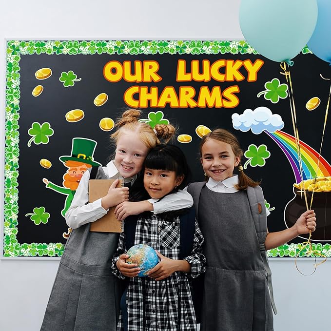St. Patrick’s Day Bulletin Board Set, St. Patrick’s Shamrocks Cutouts Border Clover Leprechaun Rainbow Pot of Gold Classroom Decorations for School Chalkboard Wall Window Party Decor Supplies