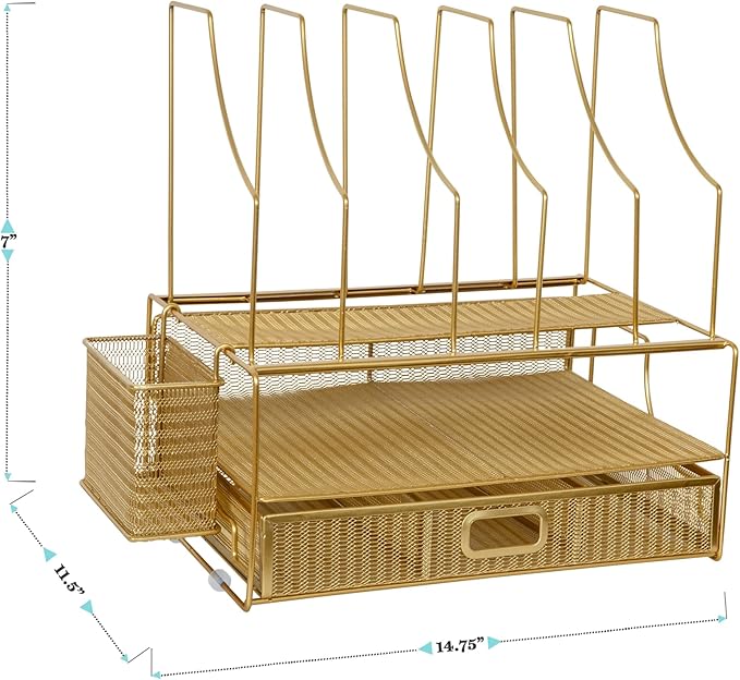 Martha Stewart Ryder Gold Mesh Metal Large Desktop Organizer With Paper File Letter Holder Organizer and Drawer