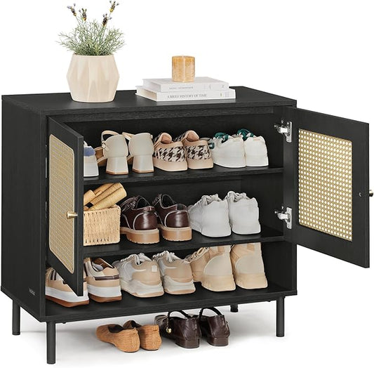 VASAGLE Natural Rattan 3-Tier Shoe Cabinet, 16 Pair Shoe Storage Cabinet, Boho Style Shoe Organizer with Height-Adjustable Shelves and Steel Legs, for Entryway, Closet, Hallway, Ash Black ULBC049B01