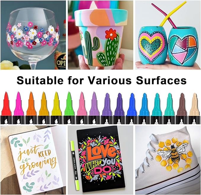 24 Colors Acrylic Paint Pens, Dual Tip Pens With Fine Tip and Brush Tip for Rock Painting, Ceramic, Wood, Plastic, Calligraphy, Scrapbooking, Card Making, DIY Crafts-Valentines Day Gifts