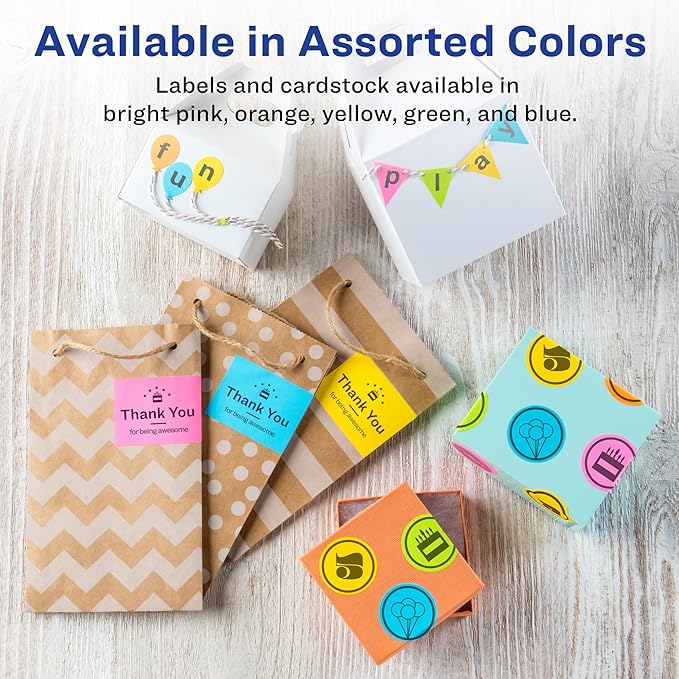 Avery Printable Labels with Sure Feed, 2" x 2-5/8", Assorted Bright Colors (Pink, Blue, Green, Yellow, and Orange), Laser & Inkjet Compatible, 150 Blank Labels Total (4331)