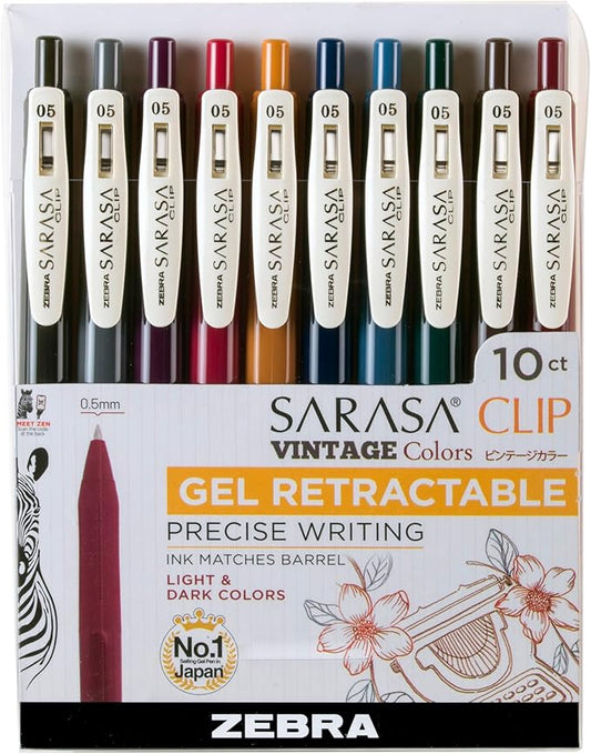 Zebra Pen Sarasa Clip Retractable Gel Pen, 0.5mm Fine Point, Light and Dark Assorted Vintage Ink Colors, Water Based, Ideal for Office and School, Journal, Note Taking and Planner Use, 10-Pack (47510)