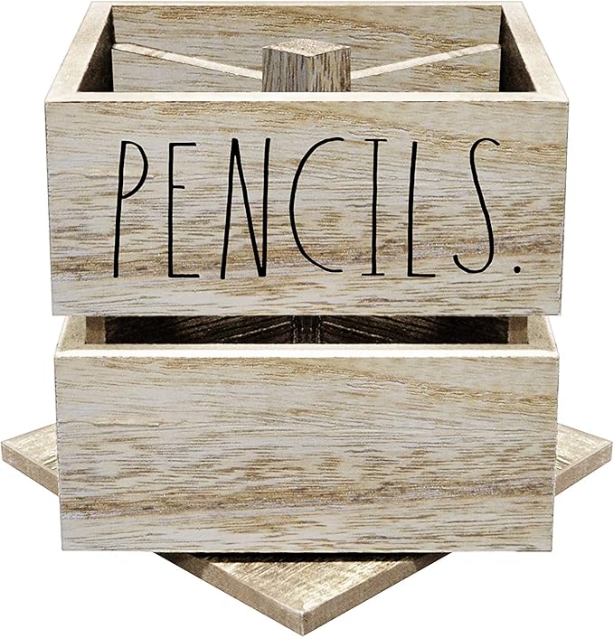 Rae Dunn Pencil Cup - Wooden Pen Holder Desktop Organizer - Small Rustic Wood Desk Top Caddy for Office Accessories and Supplies - Organization for Home, School, Classroom, Work - Square Light Wood