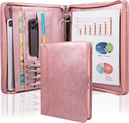 AZXCG Leather Padfolio for Women,Zippered Padfolio with 3 Ring Binder,Business Portfolio Organizer for Women with A4 Writing Pad Holder, Portfolio Binder for Meeting,Gift for Valentine's Day