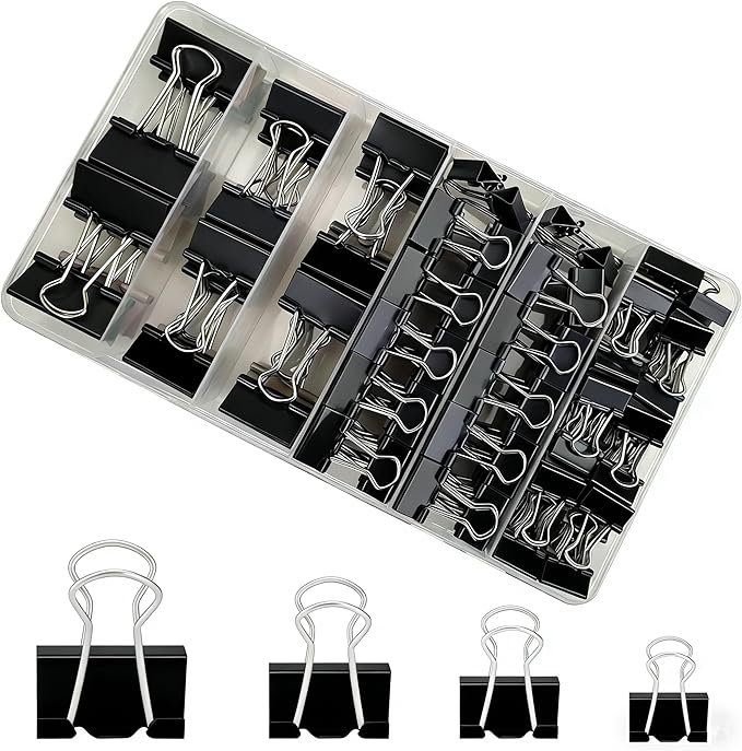 106 Pcs Black Binder Clips Paper Clamps Kit Assorted Sizes Large, Medium, Small，X Small for Paper Clips Office, School and Home