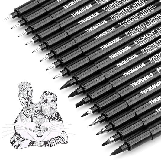 TWOHANDS Art Pen Drawing Marker Pens Fineliners Set of 16 Technical Drawing Marker,Pigment,Black,for Art Watercolor,Sketching,Anime,Manga, 21274