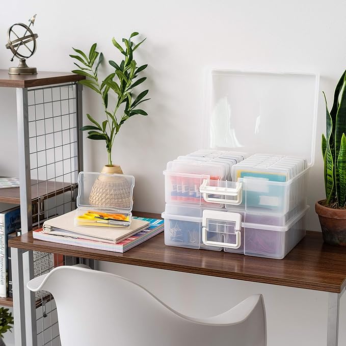 IRIS USA 4" x 6" Photo Storage Box Craft Keeper, 2-Pack Organizers with 16 Picture Containers for Tasks, Stickers, Ephemera, & Flashcards, Clear