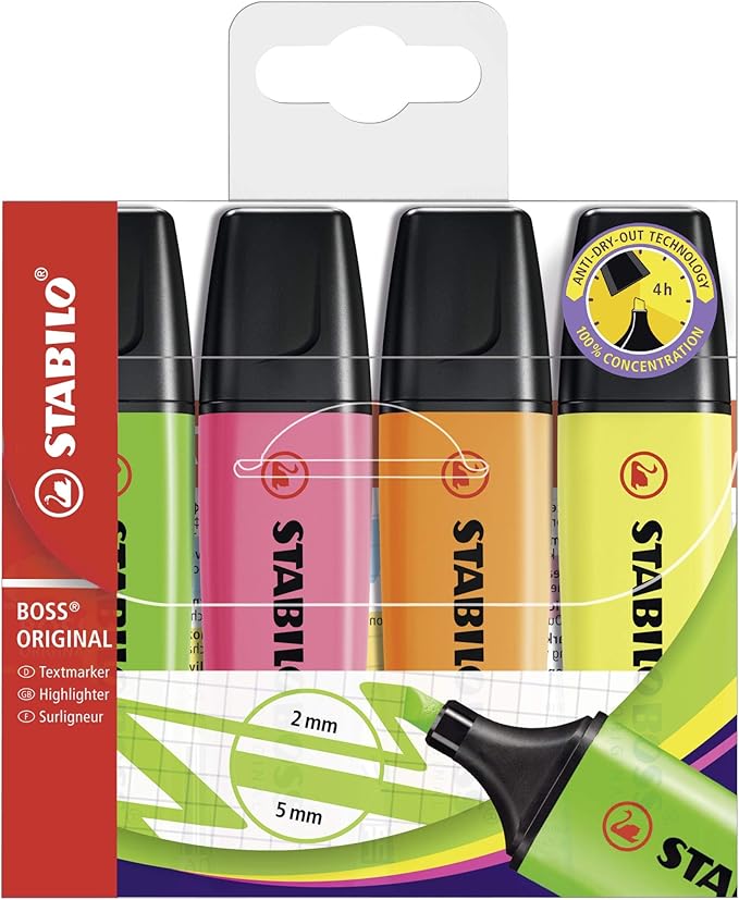 STABILO Highlighter BOSS ORIGINAL - Pack of 4 - Yellow, Orange, Green, Pink, Chisel Tip, Anti-Dry Out Technology