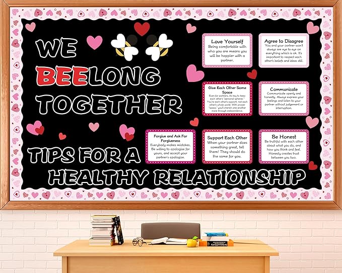 Valentine's Day Bulletin Board Set We Bee Love Heart Classroom Decorations Bee Long Together Paper Cutouts Healthy Relationship Tips Bulletin Board for Valentines School Office Door Decor Supplies