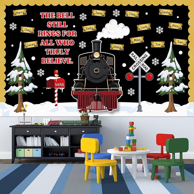 Christmas Train Bulletin Board Decoration Set Christmas Polar Golden Tickets Name Tag Xmas Movie Train Theme Cutouts for Classroom School Home Chalkboard Office Winter Holiday Party Decor Supplies
