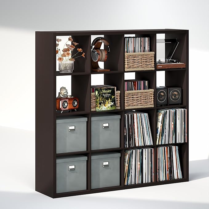 Furinno Cubicle Record Player Stand with Vinyl Storage, 16-Cube 1.2 Extra Thick Vinyl Record Storage, Open Back Media Shelf for CD DVD Blueray Game Disc, for Living Room, Home Office, Black Dark Oak