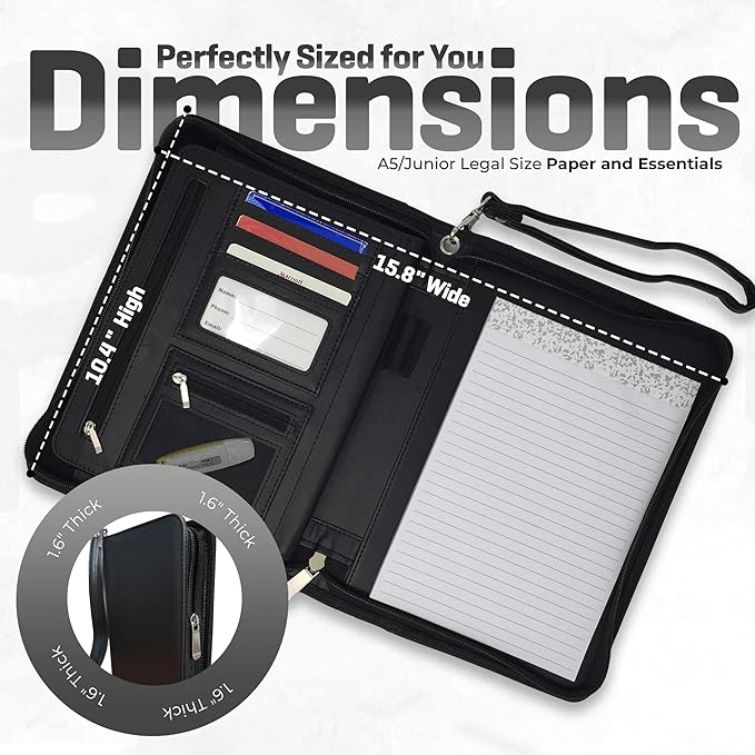 Customized Junior Zippered Leather Padfolio - Name/Logo Printed on Black PU Leather Portfolio Binder & Organizer Folder with 8 Inch Tablet Sleeve & with Junior Legal Notepad