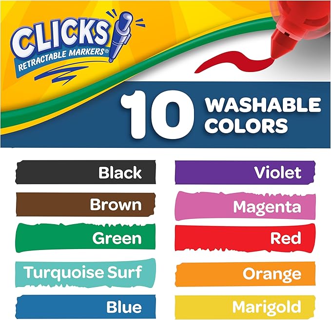 Crayola Clicks Retractable Tip Markers (10ct), Washable Cone Tip Art Marker Set, Easter Basket Stuffer Essentials, Easter Craft Supplies for Coloring Books, Ages 3+