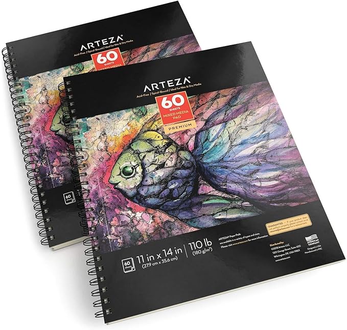 ARTEZA Mixed Media Sketchbook, 11x14 Inches – 12-Pack, 60 Spiral-Bound Sheets, 110 lb Acid-Free Paper for Wet & Dry Media: Acrylic, Ink & Pencil