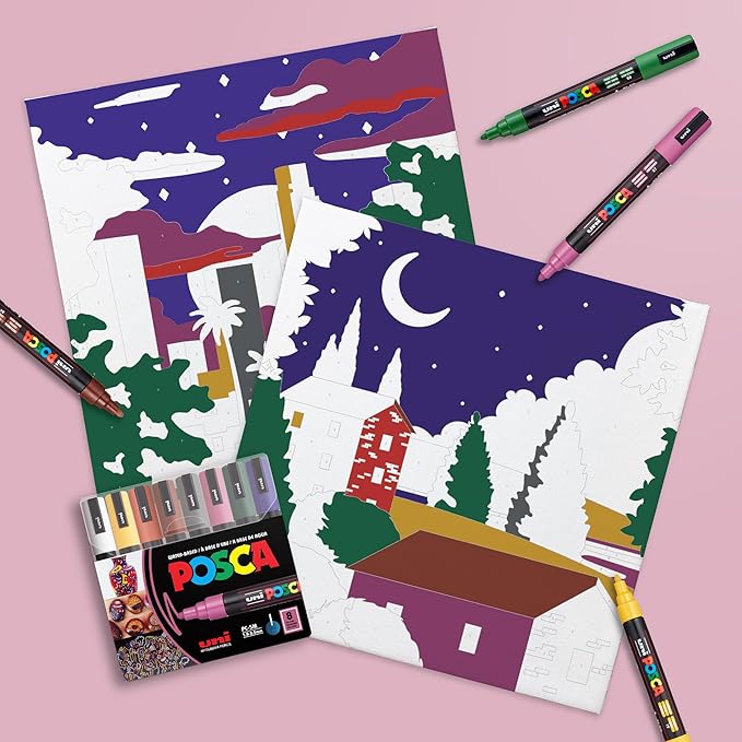 POSCA Canvas Paint by Number Kit, Night City Skies - 8 Markers with 2 Pre-Drawn Canvases - For All Artists and Holiday Gifting