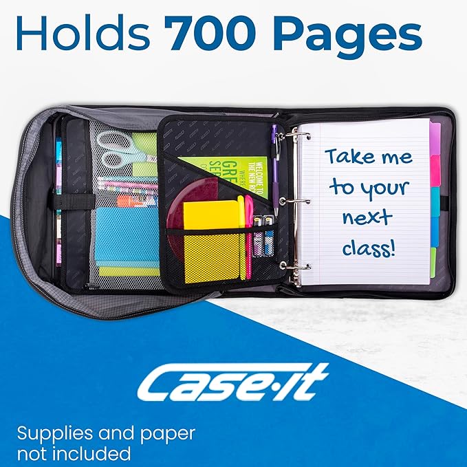 Case-it The Dual 2.0 2-in-1 Zipper Binder | Two 2-Inch D-Rings, 700 Sheet Capacity, 5-Subject Expanding File Folder, Multiple Pockets & Storage Organizer, Shoulder Strap | Dual-301 Black