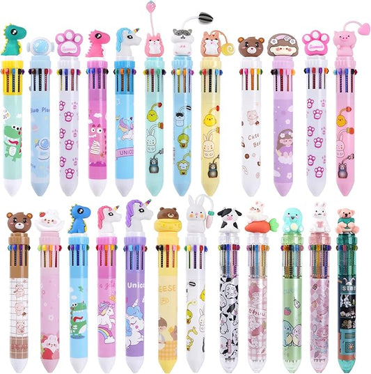 Kolewo4ever 24 Pieces Multicolor Ballpoint Pens 10-in-1 0.5mm Retractable Ballpoint Cartoon Pens for Office Supplies
