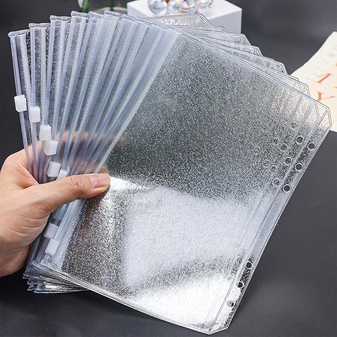 10pcs A5 Cash Stuffing Envelopes Zipper Binder Pockets Clear Glitter PVC 6 Hole Zip Sleeves Loose Leaf Pouches for 6 Ring Binder Planner (A5 5.91" x 8.19")