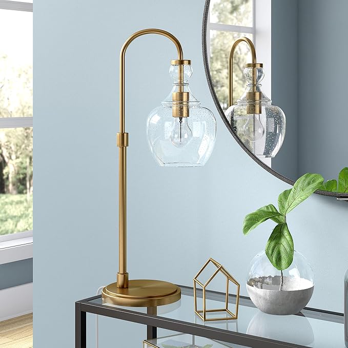 Henn&Hart 27" Mid-Century Modern 1-Light Table Lamp with Seeded Glass Dome Shade for Living Room, Bedroom, or Office, Brushed Gold