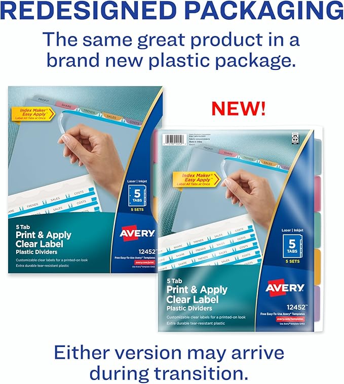 Avery 5 Tab Plastic Dividers for 3 Ring Binder, Easy Print & Apply Clear Label Strip, Index Maker Customizable Multicolor Tabs, 5 Sets (11452)