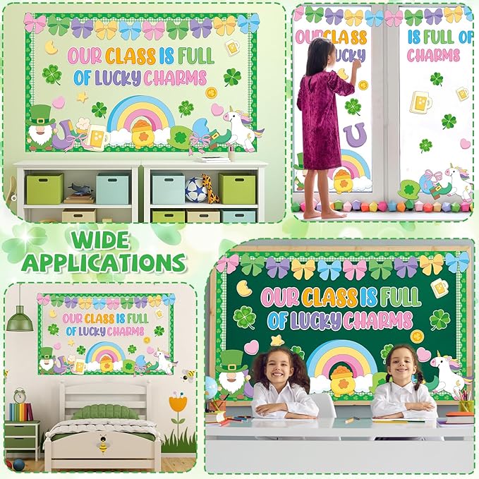 St. Patrick's Day Bulletin Board Decoration March Bulletin Board Set Lucky Shamrock Gold Coin Colorful Bows Paper Cutouts for St. Patrick Party Supplies School Classroom Chalkboard Wall Door Decor
