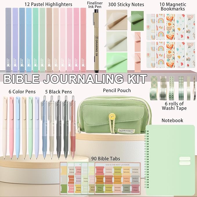 54Pcs Bible Study Supplies, Bible Journaling Kit with Pencil Case, Notebook, No Bleed Highlighters and Pens, Laminated Tabs & More, Note Taking Supplies, Valentines Day Gifts for Women,Green