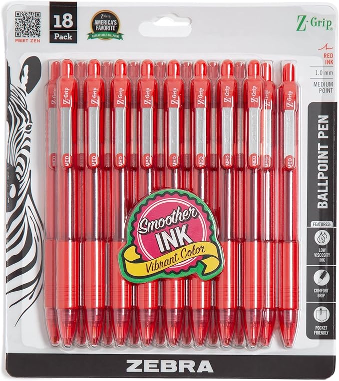 Zebra Pen Z-Grip Retractable Ballpoint Pen, Smooth-Flowing Red Ink, 1.0mm Medium Point, School & Office Supplies, Ideal for Note-Taking, Journal and Planner Use, 18-Pack (22318)
