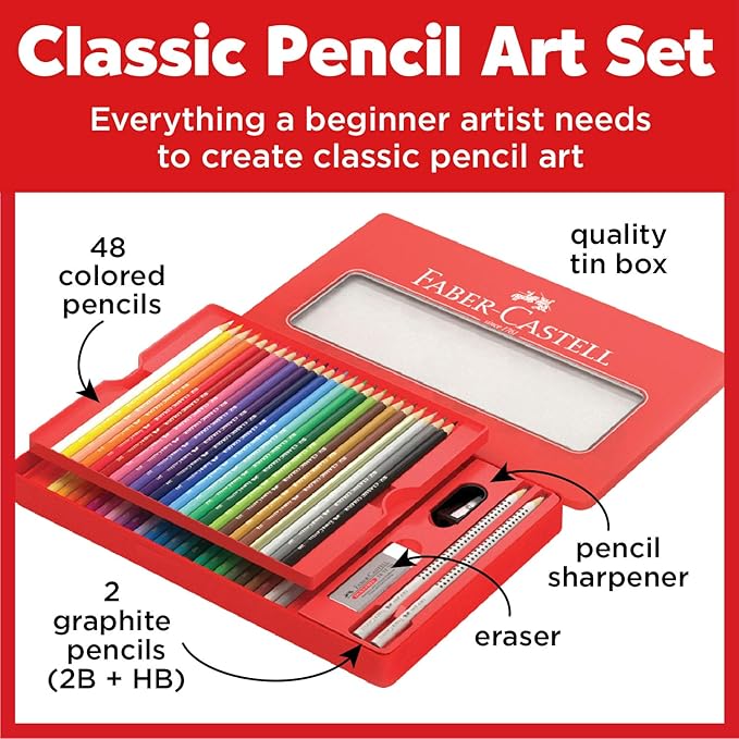 Faber-Castell Classic Colored Pencils Tin Set, 48 Vibrant Colors In Sturdy Metal Case