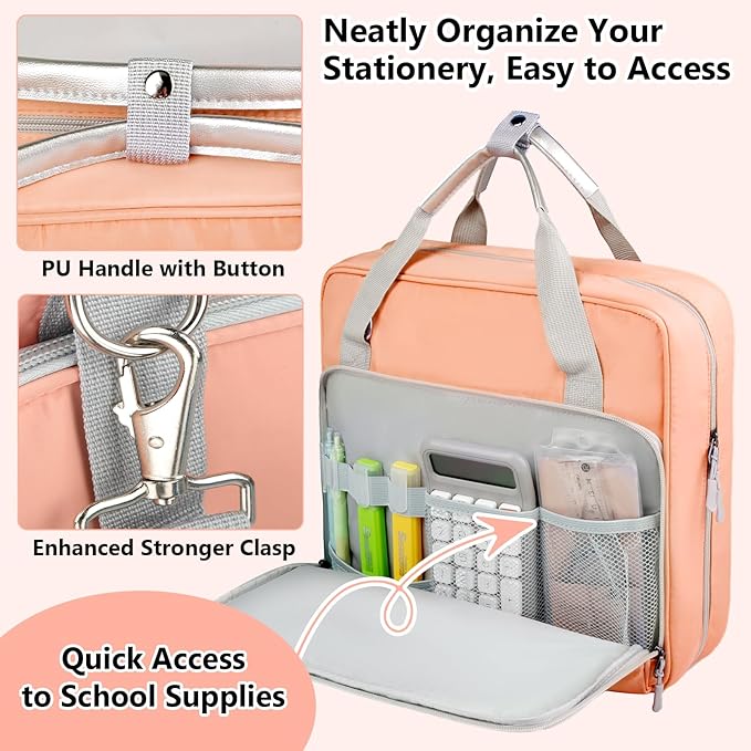3 Ring Zipper Binder Bag 2 Inch with Shoulder Strap, Waterproof Nylon Binder with Zipper for 500 Sheet Capacity, Multi-Pocket Portfolio Organizer Case for 13 Inch Laptop Middle School (Peach)