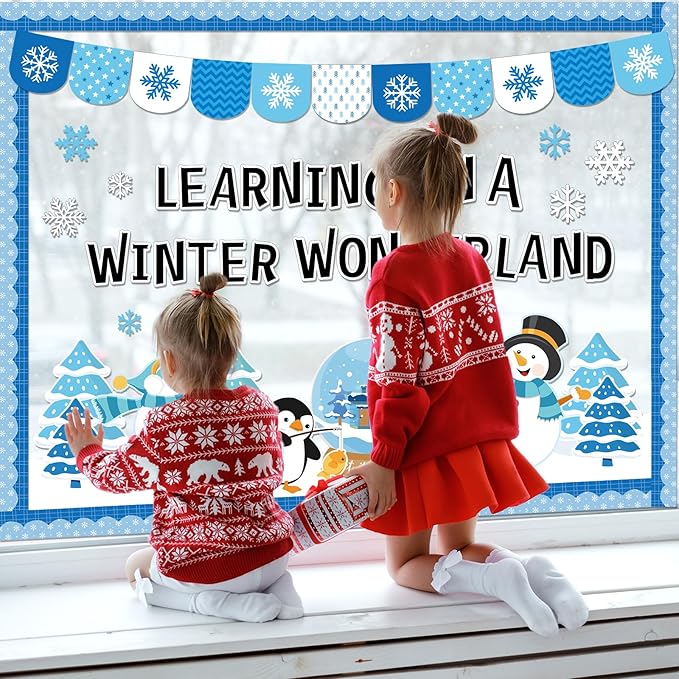 Winter Wonderland Bulletin Board Set Snowflakes Snowman Bulletin Board Decoration Paper Cutouts Decor Learning in A Winter Wonderland Penguin Tree for Holiday Classroom Home Chalkboard Wall Decor