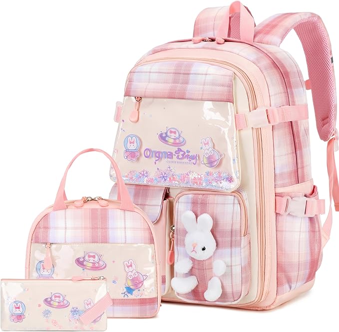 Girls Backpack Set, 3PCS Kids Backpack for Girls, Kawaii Bunny School Backpacks for Girl Kindergarten Elementary Preschool Middle School Bags with Lunch Box Pencil Case Pink-Plaid