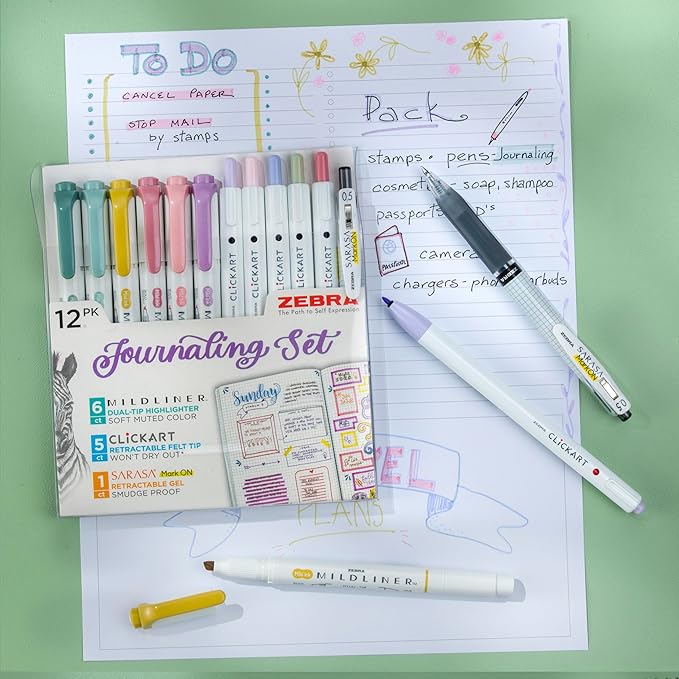 Zebra Pen - Premium 12-Pack Journaling Set - No Bleed Highlighters, CLiCKART Pens & SARASA Gel Pen - Assorted Colors for Note-Taking, Bible Study, Bullet Journaling and Creative Planning (14012)