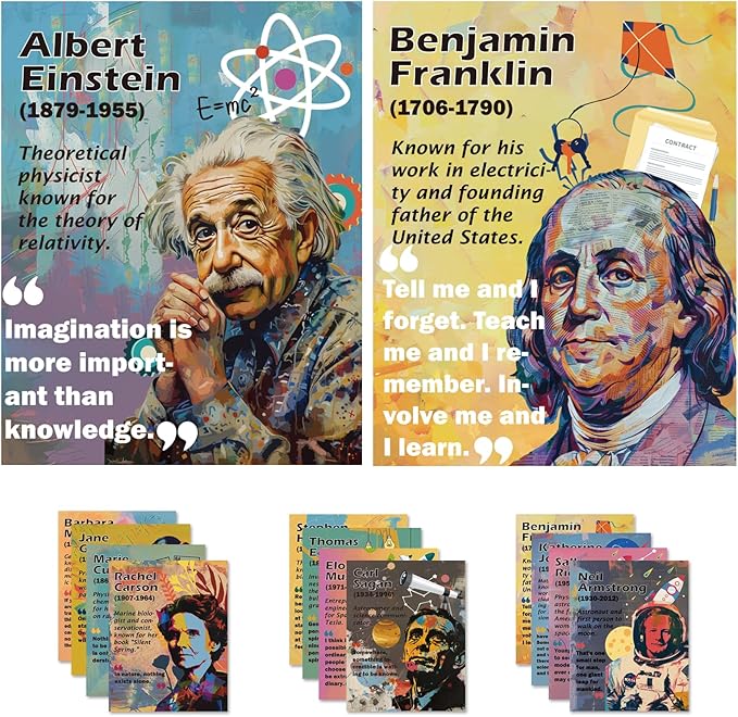 1step2dream Science Poster Classroom Set: 15 Vibrant 11x14 Educational Wall Art Featuring Famous Scientists - Ideal for Middle School, Science Labs & Bulletin Boards