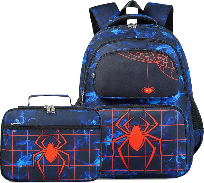 Kids Backpack Boys Spider Backpack with Lunch Box Kindergarten Elementary Middle School Toddler Bookbag for Boys Ages 4-14, Spider-Blue