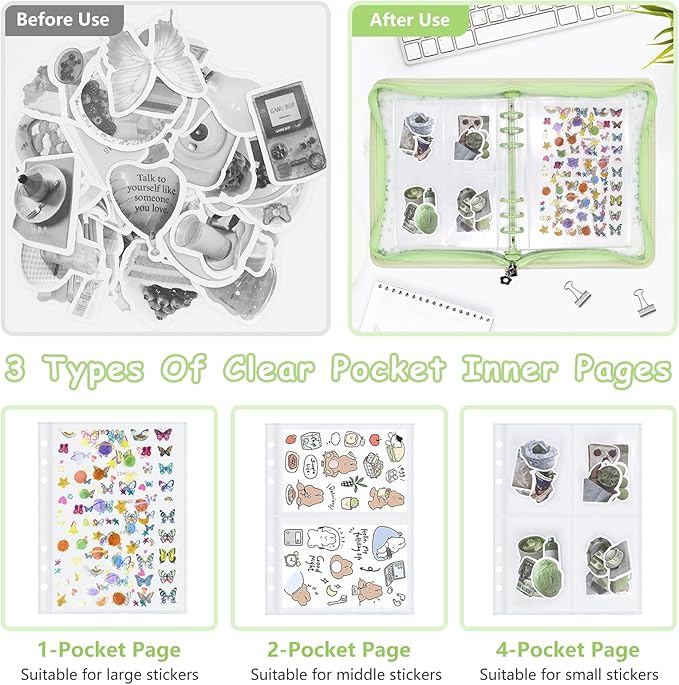 Sticker Organizer Binder - Reusable Sticker Collecting Book Storage Album Holder with Pocket Pages A5 Zipper Cover Collection Container (Green)