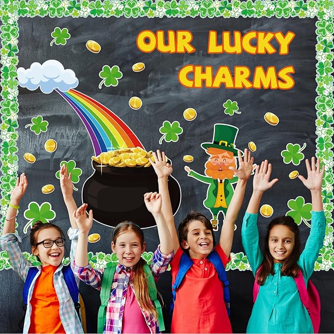 St. Patrick’s Day Bulletin Board Set, St. Patrick’s Shamrocks Cutouts Border Clover Leprechaun Rainbow Pot of Gold Classroom Decorations for School Chalkboard Wall Window Party Decor Supplies
