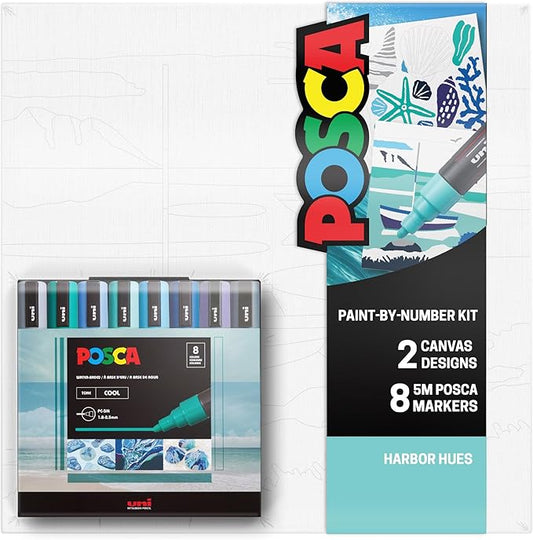 POSCA Canvas Paint by Number Kit, Harbor Hues - 8 Markers with 2 Pre-Drawn Canvases - For All Artists and Holiday Gifting
