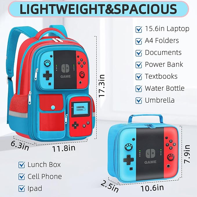 Kids Backpack for Boys - 3pcs Gamer Boys Backpack with Lunch Box Set for Elementary Middle School - Students Bag for Ages 6-18,17″ Video Game Bookbag Travel Back Pack