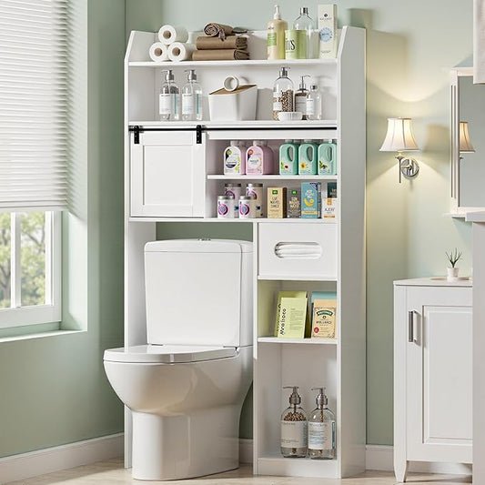 VECELO Over The Toilet Storage Cabinet with Sliding Doors, 63.8" Toilet Organizer with Adjustable Shelves, Paper Holder and Racks, for Bathroom Laundry, White