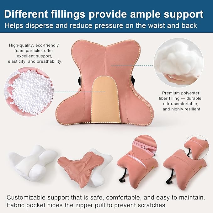 Lumbar Support Pillow(Pat. Pend) for Lower Back Pain Relief – Multi-Functional Ergonomic Lumbar Cushion, Reading Pillow for Office Chair, Car Seat & Sofa,Blush Pink