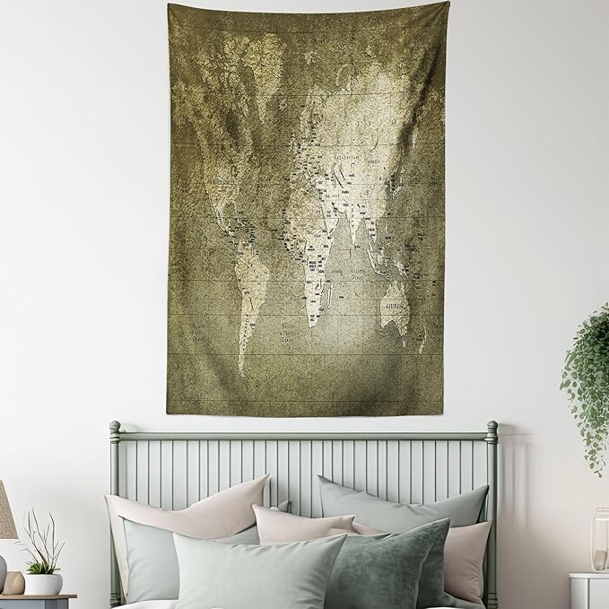 Ambesonne Antique Tapestry, Old World Map Texture Nostalgic Plan Atlas Trace of Life, Fabric Wall Hanging Decor for Bedroom Living Room Dorm, 23" X 28", Khaki Beige