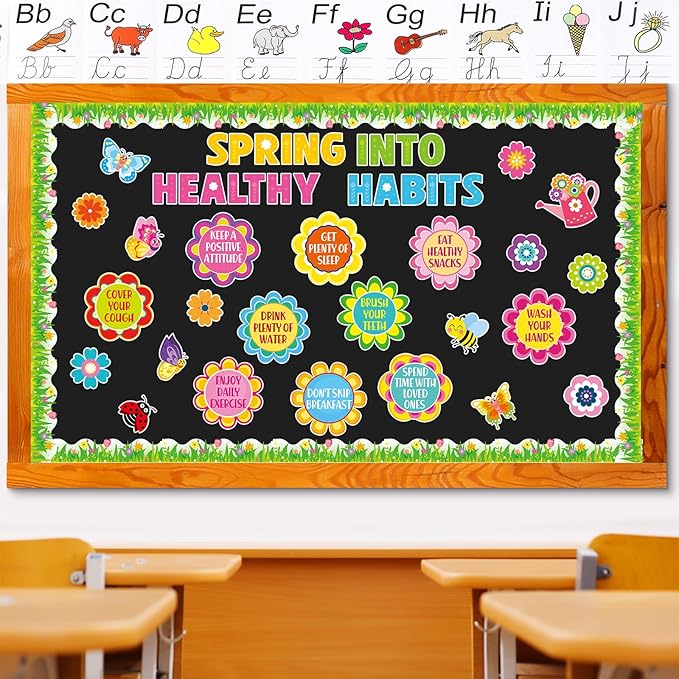 Epakh Spring Health Bulletin Board Decorations Set Spring Flowers Classroom Decor Flower Bee Butterfly Accents Paper Cutouts for Door Wall School Spring Theme Party Supplies(Healthy Habits)