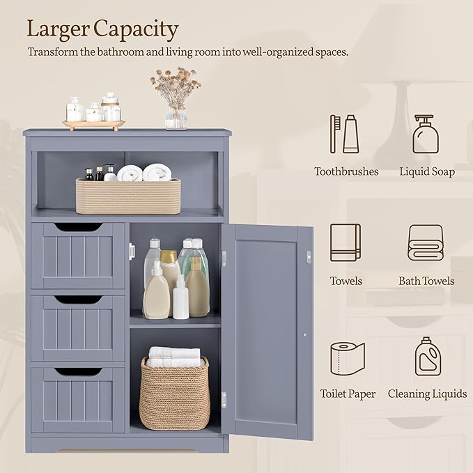 Yaheetech Bathroom Storage Cabinet, Wooden Bathroom Floor Cabinet with 1 Door and 3 Drawers, Free-Standing Storage Unit for Kitchen/Living Room/Entryway, Gray
