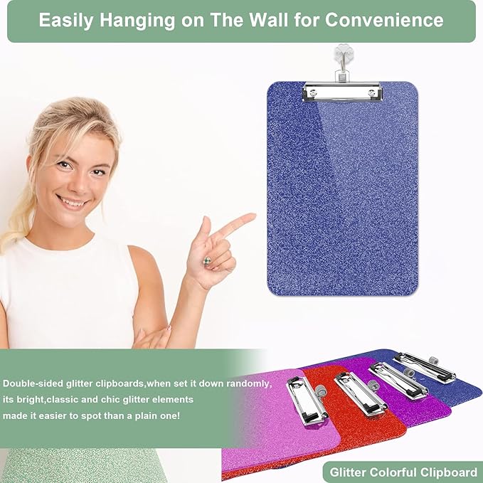 1 Pcs Clear Glitter Clipboards, Plastic Clipboard with Pen Holder,Size 8.85 x 12.4 in Shiny Clipboards with Low Profile Clip,Cute Hanging Clipboard for Office Supplies Sparkly Clip Board-Navy Blue