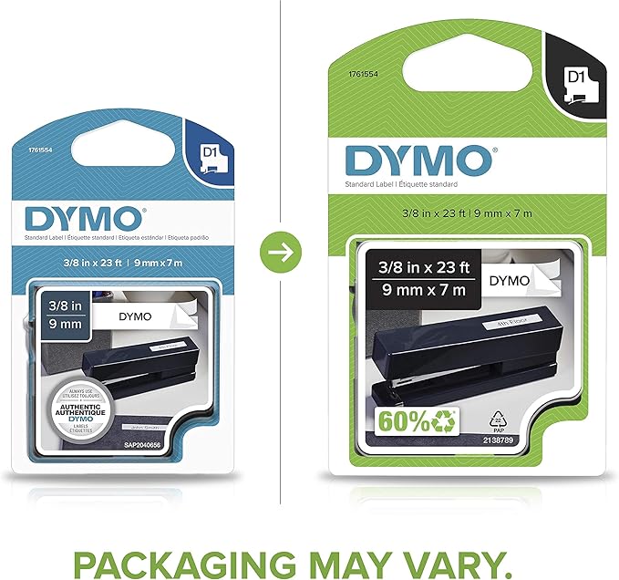 DYMO D1 Labels For LabelManager Label Makers, Black Print on White Tape, 3/8-Inch x 23-Foot Roll, Self-Adhesive
