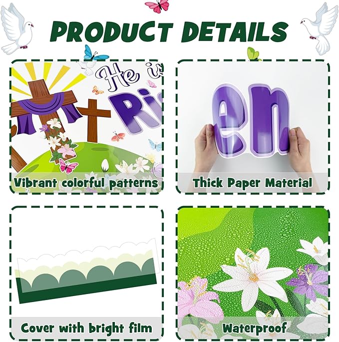 Easter Spring Bulletin Board Decorations Set, He is Risen Floral Cross Classroom Decoration Butterflies Lily Cutouts Christian Jesus Library Sunday School Window Wall Decor for Teacher(He is Risen)