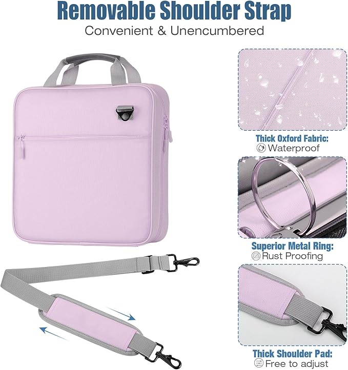 MoKo 2 Inch 3 Ring Zipper Binder - 500 Sheet Capacity with Shoulder Strap & Handle, Multi-Pocket Organizer for Middle School, Purple & Gray