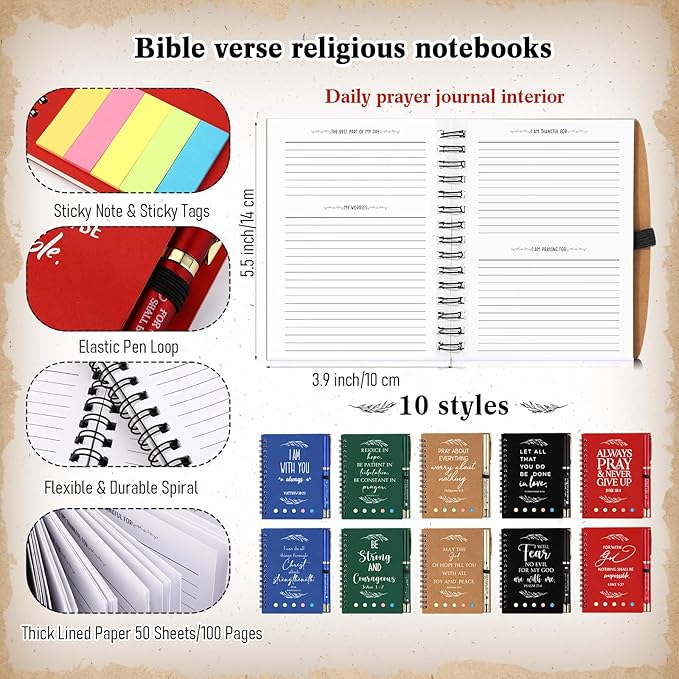 Spakon 50 Set Christian Gifts Bulk Easter Mother's Day Church Sticky Note Spiral Notebook Bible Verse Ballpoint Pen Prayer Journal Religious Scripture Notepad Sunday School Teacher Party Favors