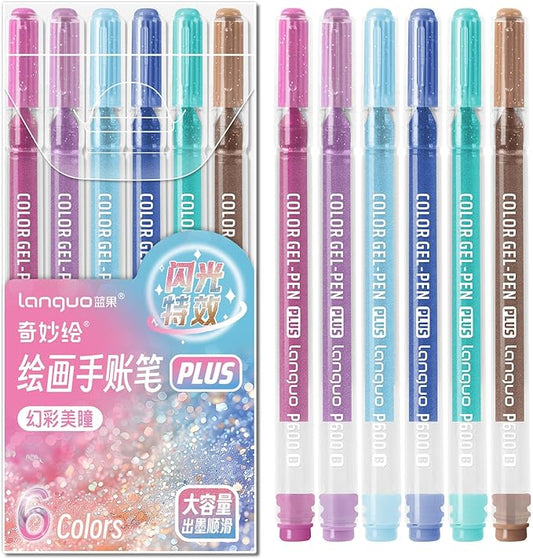 Glitter Gel Pens, 6 Pack Glitter Pens For Adults Coloring Books, 1.0mm Point Colored Pens, Large Capacity Ink Pens for Coloring, Writing, Drawing, Journaling, Note Taking, Office, Home