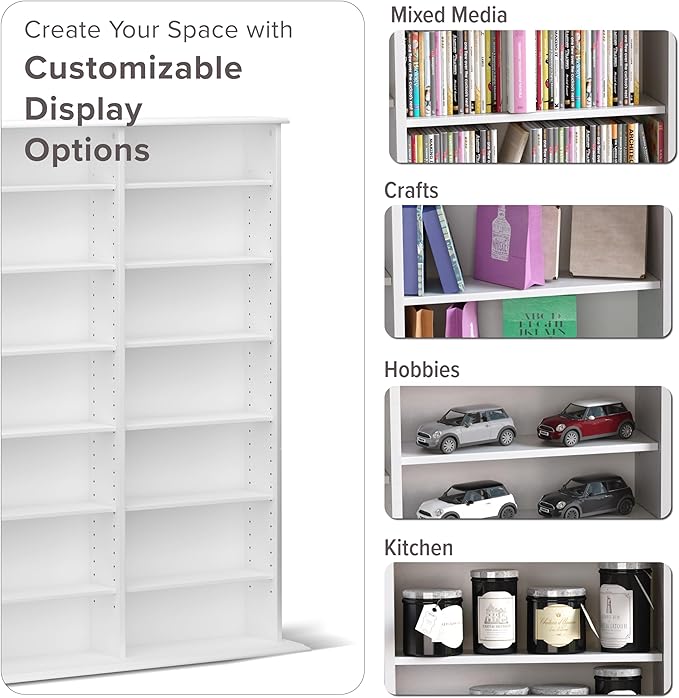 Prepac 3 Column 51" Tall White Display Multimedia Cabinet, Wood Media Storage with Removable Sheves, Modern Multimedia Storage Unit with 21 Adjustable Shelves for Books, DVDs and Collectibles, White